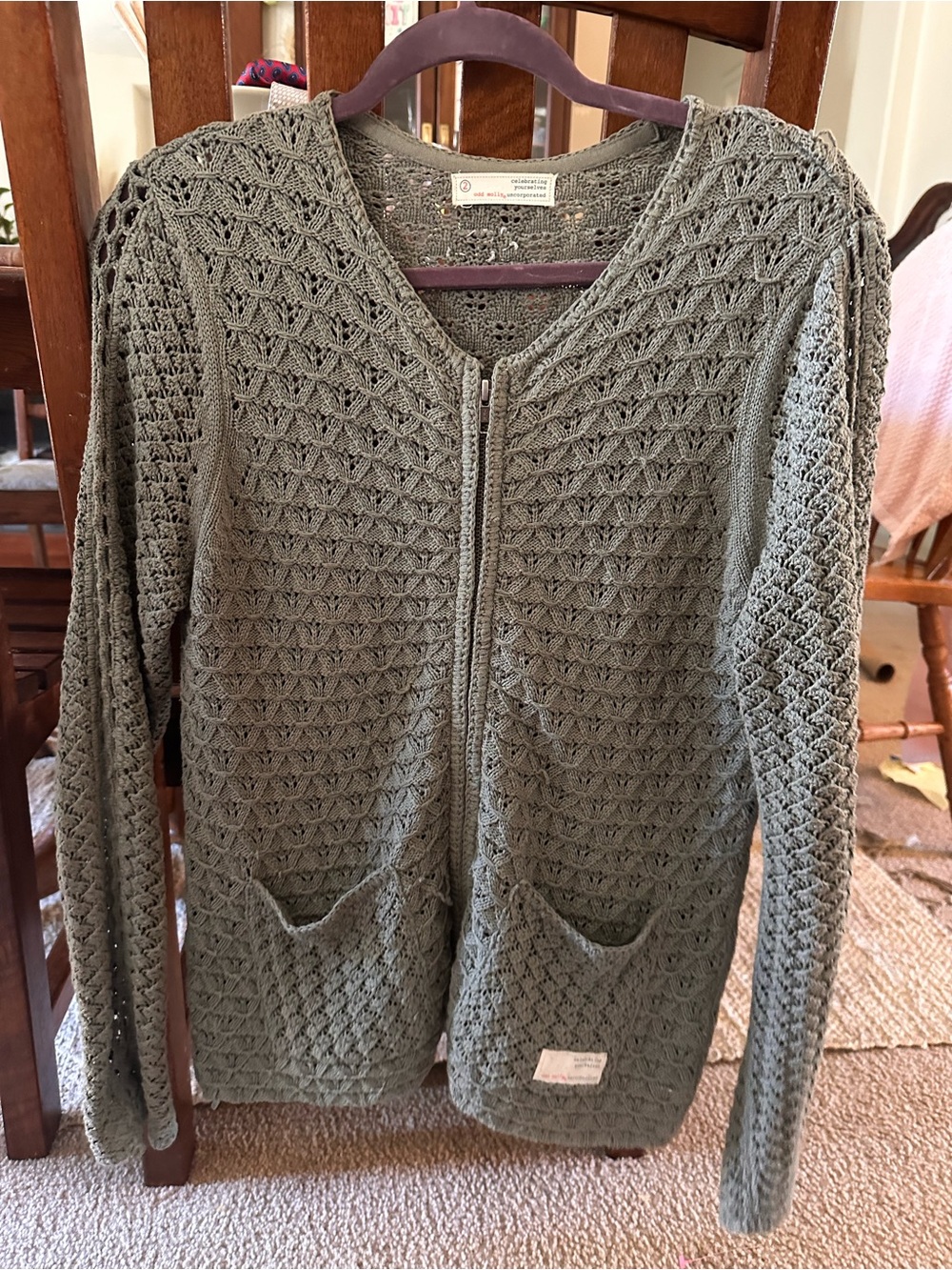 Odd Molly Olive Green Openwork Zip-Up Cardigan